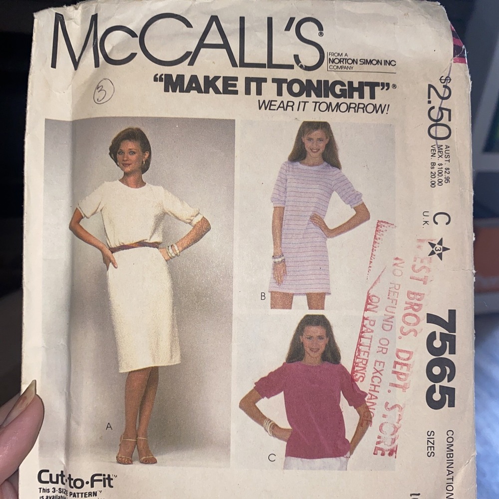 Vintage Misses Dress Or Top McCalls Sewing Pattern 7565 Size 10-14 Cut Complete